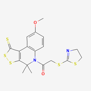 molecular formula C18H18N2O2S5 B11654213 2-(4,5-Dihydro-thiazol-2-ylsulfanyl)-1-(8-methoxy-4,4-dimethyl-1-thioxo-1,4-dihydro-2,3-dithia-5-aza-cyclopenta[a]naphthalen-5-yl)-ethanone 
