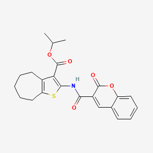 molecular formula C23H23NO5S B11654672 propan-2-yl 2-{[(2-oxo-2H-chromen-3-yl)carbonyl]amino}-5,6,7,8-tetrahydro-4H-cyclohepta[b]thiophene-3-carboxylate 