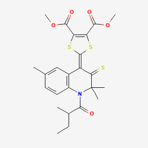 molecular formula C24H27NO5S3 B11655316 dimethyl 2-[2,2,6-trimethyl-1-(2-methylbutanoyl)-3-thioxo-2,3-dihydroquinolin-4(1H)-ylidene]-1,3-dithiole-4,5-dicarboxylate 