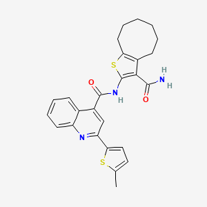 molecular formula C26H25N3O2S2 B11655585 N-(3-carbamoyl-4,5,6,7,8,9-hexahydrocycloocta[b]thiophen-2-yl)-2-(5-methylthiophen-2-yl)quinoline-4-carboxamide 
