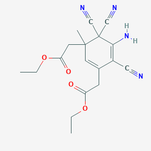 molecular formula C18H20N4O4 B11656110 (5-Amino-4,4,6-tricyano-3-ethoxycarbonylmethyl-3-methyl-cyclohexa-1,5-dienyl)-acetic acid ethyl ester 