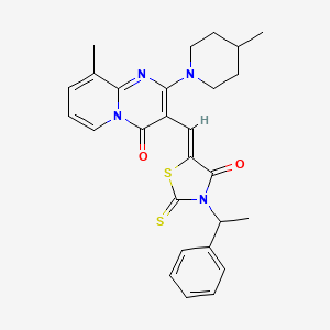 molecular formula C27H28N4O2S2 B11656146 9-methyl-2-(4-methylpiperidin-1-yl)-3-{(Z)-[4-oxo-3-(1-phenylethyl)-2-thioxo-1,3-thiazolidin-5-ylidene]methyl}-4H-pyrido[1,2-a]pyrimidin-4-one 