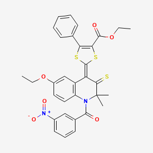 molecular formula C32H28N2O6S3 B11656311 ethyl (2Z)-2-{6-ethoxy-2,2-dimethyl-1-[(3-nitrophenyl)carbonyl]-3-thioxo-2,3-dihydroquinolin-4(1H)-ylidene}-5-phenyl-1,3-dithiole-4-carboxylate 