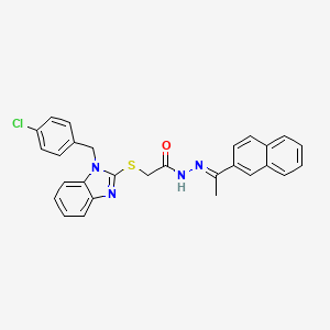 molecular formula C28H23ClN4OS B11656409 2-{[1-(4-Chlorobenzyl)-1H-benzimidazol-2-YL]sulfanyl}-N'-[(E)-1-(2-naphthyl)ethylidene]acetohydrazide 