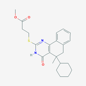 molecular formula C23H28N2O3S B11657155 Methyl 3-[(5-cyclohexyl-4-hydroxy-5-methyl-5,6-dihydrobenzo[h]quinazolin-2-yl)sulfanyl]propanoate 