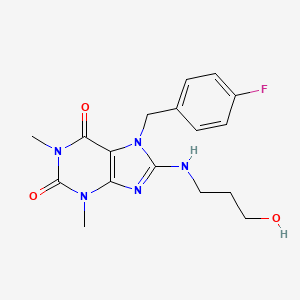 molecular formula C17H20FN5O3 B11657210 7-[(4-fluorophenyl)methyl]-8-[(3-hydroxypropyl)amino]-1,3-dimethyl-2,3,6,7-tetrahydro-1H-purine-2,6-dione 