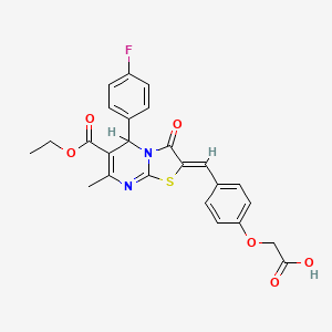 molecular formula C25H21FN2O6S B11657257 (4-{(Z)-[6-(ethoxycarbonyl)-5-(4-fluorophenyl)-7-methyl-3-oxo-5H-[1,3]thiazolo[3,2-a]pyrimidin-2(3H)-ylidene]methyl}phenoxy)acetic acid 
