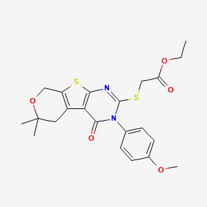 molecular formula C22H24N2O5S2 B11657709 ethyl 2-[[4-(4-methoxyphenyl)-12,12-dimethyl-3-oxo-11-oxa-8-thia-4,6-diazatricyclo[7.4.0.02,7]trideca-1(9),2(7),5-trien-5-yl]sulfanyl]acetate 