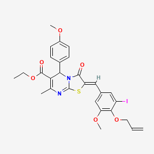 molecular formula C28H27IN2O6S B11658177 ethyl (2Z)-2-[3-iodo-5-methoxy-4-(prop-2-en-1-yloxy)benzylidene]-5-(4-methoxyphenyl)-7-methyl-3-oxo-2,3-dihydro-5H-[1,3]thiazolo[3,2-a]pyrimidine-6-carboxylate 