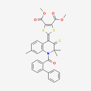 molecular formula C32H27NO5S3 B11658343 dimethyl 2-[1-(biphenyl-2-ylcarbonyl)-2,2,7-trimethyl-3-thioxo-2,3-dihydroquinolin-4(1H)-ylidene]-1,3-dithiole-4,5-dicarboxylate 