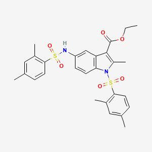 molecular formula C28H30N2O6S2 B11658450 ethyl 1-[(2,4-dimethylphenyl)sulfonyl]-5-{[(2,4-dimethylphenyl)sulfonyl]amino}-2-methyl-1H-indole-3-carboxylate 