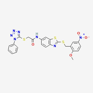 molecular formula C24H19N7O4S3 B11658591 N-{2-[(2-methoxy-5-nitrobenzyl)sulfanyl]-1,3-benzothiazol-6-yl}-2-[(1-phenyl-1H-tetrazol-5-yl)sulfanyl]acetamide 