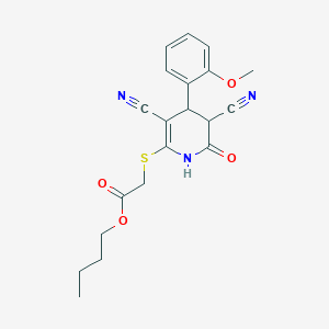 molecular formula C20H21N3O4S B11658756 Butyl {[3,5-dicyano-4-(2-methoxyphenyl)-6-oxo-1,4,5,6-tetrahydropyridin-2-yl]sulfanyl}acetate 