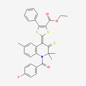 molecular formula C31H26FNO3S3 B11658930 ethyl (2Z)-2-{1-[(4-fluorophenyl)carbonyl]-2,2,6-trimethyl-3-thioxo-2,3-dihydroquinolin-4(1H)-ylidene}-5-phenyl-1,3-dithiole-4-carboxylate 