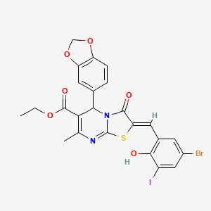 molecular formula C24H18BrIN2O6S B11658943 ethyl (2Z)-5-(1,3-benzodioxol-5-yl)-2-(5-bromo-2-hydroxy-3-iodobenzylidene)-7-methyl-3-oxo-2,3-dihydro-5H-[1,3]thiazolo[3,2-a]pyrimidine-6-carboxylate 