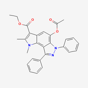 molecular formula C28H25N3O4 B11658968 Ethyl 5-(acetyloxy)-1,2-dimethyl-6,8-diphenyl-1,6-dihydropyrrolo[2,3-e]indazole-3-carboxylate 