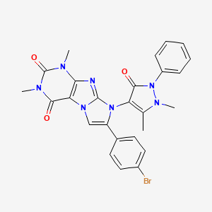 molecular formula C26H22BrN7O3 B11659007 7-(4-bromophenyl)-8-(1,5-dimethyl-3-oxo-2-phenyl-2,3-dihydro-1H-pyrazol-4-yl)-1,3-dimethyl-1H-imidazo[2,1-f]purine-2,4(3H,8H)-dione 