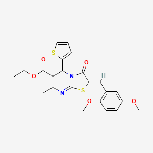 molecular formula C23H22N2O5S2 B11659017 ethyl (2Z)-2-(2,5-dimethoxybenzylidene)-7-methyl-3-oxo-5-(thiophen-2-yl)-2,3-dihydro-5H-[1,3]thiazolo[3,2-a]pyrimidine-6-carboxylate 
