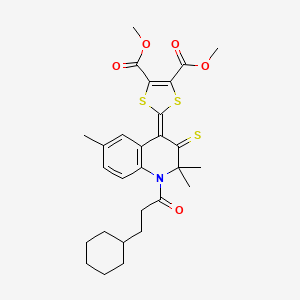 molecular formula C28H33NO5S3 B11659307 dimethyl 2-[1-(3-cyclohexylpropanoyl)-2,2,6-trimethyl-3-thioxo-2,3-dihydroquinolin-4(1H)-ylidene]-1,3-dithiole-4,5-dicarboxylate 