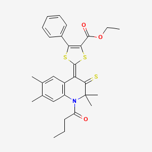 molecular formula C29H31NO3S3 B11659886 ethyl (2Z)-2-(1-butanoyl-2,2,6,7-tetramethyl-3-thioxo-2,3-dihydroquinolin-4(1H)-ylidene)-5-phenyl-1,3-dithiole-4-carboxylate 