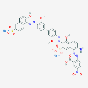 molecular formula C15H16N4O6 B1165993 Benzoic acid, 2-((2-amino-5-hydroxy-6-((4'-((2-hydroxy-6-sulfo-1-naphthalenyl)azo)-3,3'-dimethoxy(1,1'-biphenyl)-4-yl)azo)-7-sulfo-1-naphthalenyl)azo)-5-nitro-, disodium salt CAS No. 101200-51-5