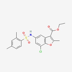 molecular formula C20H20ClNO5S B11660018 Ethyl 7-chloro-5-{[(2,4-dimethylphenyl)sulfonyl]amino}-2-methyl-1-benzofuran-3-carboxylate 