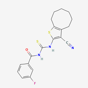 molecular formula C19H18FN3OS2 B11660061 N-[(3-cyano-4,5,6,7,8,9-hexahydrocycloocta[b]thiophen-2-yl)carbamothioyl]-3-fluorobenzamide 