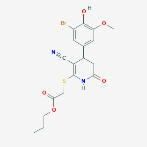 molecular formula C18H19BrN2O5S B11660098 Propyl {[4-(3-bromo-4-hydroxy-5-methoxyphenyl)-3-cyano-6-oxo-1,4,5,6-tetrahydropyridin-2-yl]sulfanyl}acetate 