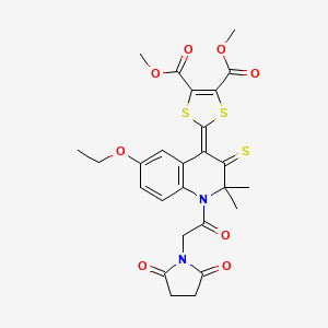 molecular formula C26H26N2O8S3 B11660116 dimethyl 2-{1-[(2,5-dioxopyrrolidin-1-yl)acetyl]-6-ethoxy-2,2-dimethyl-3-thioxo-2,3-dihydroquinolin-4(1H)-ylidene}-1,3-dithiole-4,5-dicarboxylate 