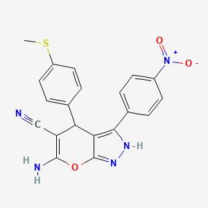 molecular formula C20H15N5O3S B11660296 6-Amino-4-[4-(methylsulfanyl)phenyl]-3-(4-nitrophenyl)-1,4-dihydropyrano[2,3-c]pyrazole-5-carbonitrile 