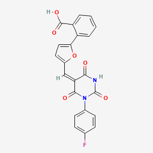 molecular formula C22H13FN2O6 B11660386 2-(5-{(E)-[1-(4-fluorophenyl)-2,4,6-trioxotetrahydropyrimidin-5(2H)-ylidene]methyl}furan-2-yl)benzoic acid 