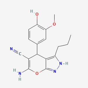 molecular formula C17H18N4O3 B11660418 6-Amino-4-(4-hydroxy-3-methoxyphenyl)-3-propyl-1,4-dihydropyrano[2,3-c]pyrazole-5-carbonitrile 