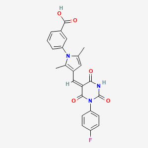 molecular formula C24H18FN3O5 B11660681 3-[3-[(E)-[1-(4-fluorophenyl)-2,4,6-trioxo-1,3-diazinan-5-ylidene]methyl]-2,5-dimethylpyrrol-1-yl]benzoic acid 