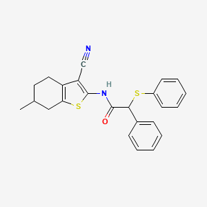 molecular formula C24H22N2OS2 B11660687 N-(3-cyano-6-methyl-4,5,6,7-tetrahydro-1-benzothiophen-2-yl)-2-phenyl-2-(phenylsulfanyl)acetamide 