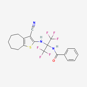 molecular formula C20H17F6N3OS B11662667 N-{2-[(3-cyano-5,6,7,8-tetrahydro-4H-cyclohepta[b]thiophen-2-yl)amino]-1,1,1,3,3,3-hexafluoropropan-2-yl}benzamide 