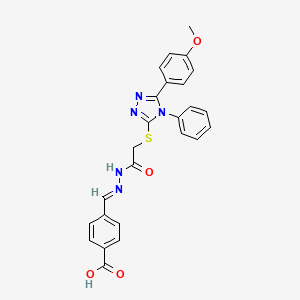 molecular formula C25H21N5O4S B11664739 4-{(E)-[2-({[5-(4-methoxyphenyl)-4-phenyl-4H-1,2,4-triazol-3-yl]sulfanyl}acetyl)hydrazinylidene]methyl}benzoic acid 