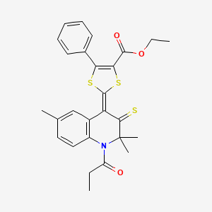 molecular formula C27H27NO3S3 B11664779 ethyl (2Z)-5-phenyl-2-(2,2,6-trimethyl-1-propanoyl-3-thioxo-2,3-dihydroquinolin-4(1H)-ylidene)-1,3-dithiole-4-carboxylate 