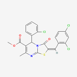 molecular formula C22H15Cl3N2O3S B11665202 methyl (2E)-5-(2-chlorophenyl)-2-(2,4-dichlorobenzylidene)-7-methyl-3-oxo-2,3-dihydro-5H-[1,3]thiazolo[3,2-a]pyrimidine-6-carboxylate 