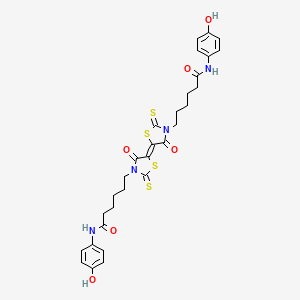 molecular formula C30H32N4O6S4 B11666342 N-(4-hydroxyphenyl)-6-[(5E)-5-(3-{6-[(4-hydroxyphenyl)amino]-6-oxohexyl}-4-oxo-2-thioxo-1,3-thiazolidin-5-ylidene)-4-oxo-2-thioxo-1,3-thiazolidin-3-yl]hexanamide 