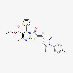 molecular formula C28H27N3O3S2 B11668043 Ethyl (2Z)-2-{[2,5-dimethyl-1-(4-methylphenyl)-1H-pyrrol-3-YL]methylidene}-7-methyl-3-oxo-5-(thiophen-2-YL)-2H,3H,5H-[1,3]thiazolo[3,2-A]pyrimidine-6-carboxylate 