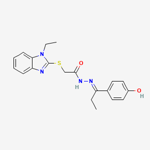 molecular formula C20H22N4O2S B11672475 2-[(1-Ethyl-1H-benzimidazol-2-YL)sulfanyl]-N'-[(E)-1-(4-hydroxyphenyl)propylidene]acetohydrazide 