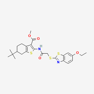 molecular formula C25H30N2O4S3 B11672672 Methyl 6-tert-butyl-2-({[(6-ethoxy-1,3-benzothiazol-2-yl)sulfanyl]acetyl}amino)-4,5,6,7-tetrahydro-1-benzothiophene-3-carboxylate 