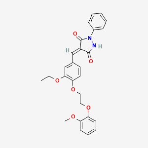 molecular formula C27H26N2O6 B11673224 (4E)-4-{3-ethoxy-4-[2-(2-methoxyphenoxy)ethoxy]benzylidene}-1-phenylpyrazolidine-3,5-dione 