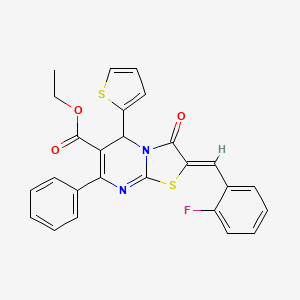 molecular formula C26H19FN2O3S2 B11673316 ethyl (2Z)-2-(2-fluorobenzylidene)-3-oxo-7-phenyl-5-(thiophen-2-yl)-2,3-dihydro-5H-[1,3]thiazolo[3,2-a]pyrimidine-6-carboxylate 