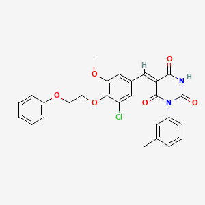 molecular formula C27H23ClN2O6 B11677629 (5Z)-5-{[3-Chloro-5-methoxy-4-(2-phenoxyethoxy)phenyl]methylidene}-1-(3-methylphenyl)-1,3-diazinane-2,4,6-trione 