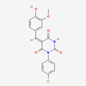 molecular formula C18H13ClN2O5 B11682636 (5E)-1-(4-chlorophenyl)-5-(4-hydroxy-3-methoxybenzylidene)pyrimidine-2,4,6(1H,3H,5H)-trione CAS No. 5174-75-4