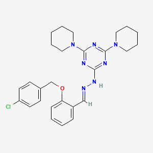 molecular formula C27H32ClN7O B11682906 2-[(2E)-2-{2-[(4-chlorobenzyl)oxy]benzylidene}hydrazinyl]-4,6-di(piperidin-1-yl)-1,3,5-triazine 