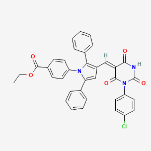 molecular formula C36H26ClN3O5 B11683605 ethyl 4-(3-{(Z)-[1-(4-chlorophenyl)-2,4,6-trioxotetrahydropyrimidin-5(2H)-ylidene]methyl}-2,5-diphenyl-1H-pyrrol-1-yl)benzoate 