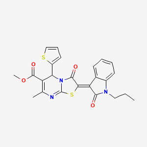 molecular formula C24H21N3O4S2 B11685644 methyl (2Z)-7-methyl-3-oxo-2-(2-oxo-1-propyl-1,2-dihydro-3H-indol-3-ylidene)-5-(thiophen-2-yl)-2,3-dihydro-5H-[1,3]thiazolo[3,2-a]pyrimidine-6-carboxylate 