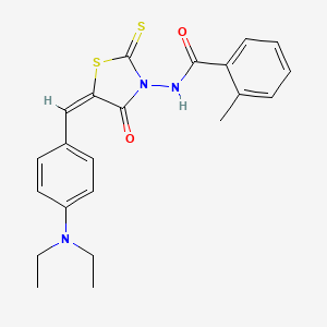 molecular formula C22H23N3O2S2 B11686043 N-{(5E)-5-[4-(diethylamino)benzylidene]-4-oxo-2-thioxo-1,3-thiazolidin-3-yl}-2-methylbenzamide 
